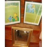 Two colour lithographs of golfers and two wall mirrors