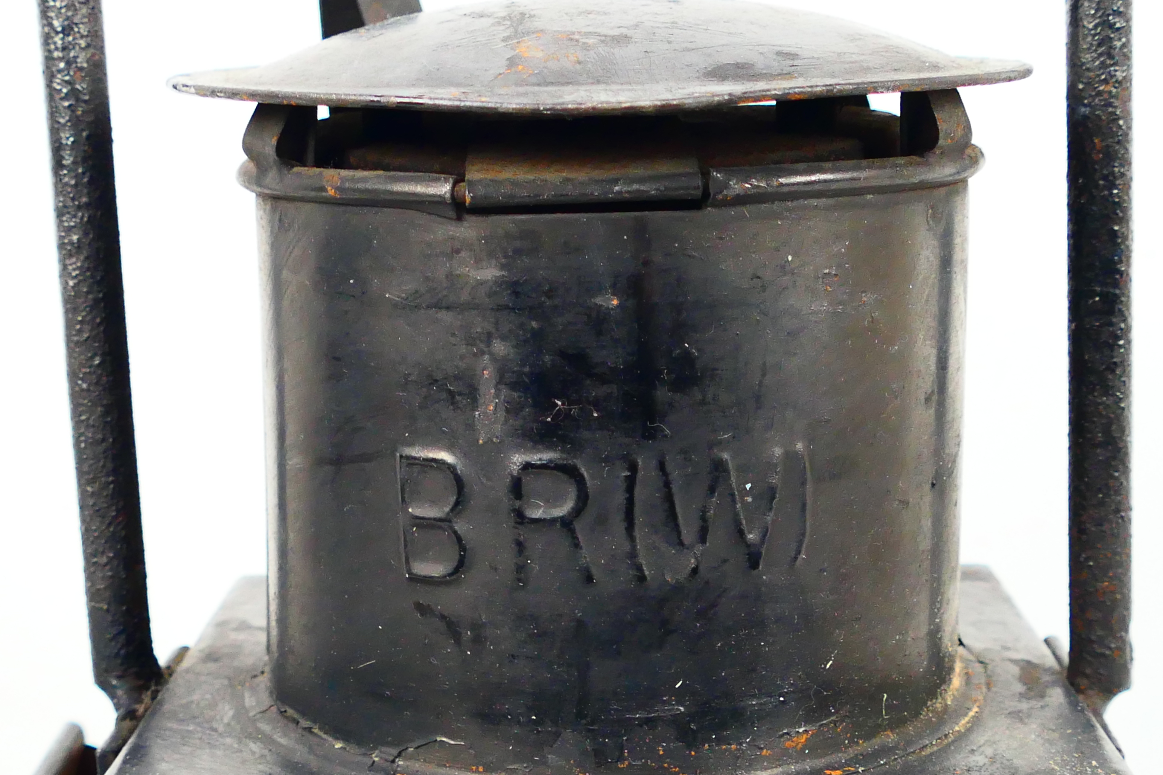 A BR(W) black painted side fitting brake van lamp with twin convex lenses and internal burner, - Image 4 of 8