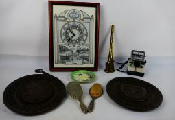 A mixed lot to include Runcorn Millennium Clock, dressing table items, brass horn and other.