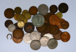 Numismatology - a small quantity of pre-decimal UK coins and a small white metal 'Good Luck'