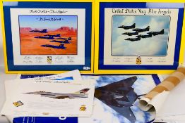 Aviation related pictures with various images of the US Navy Blue Angels and other, part framed.