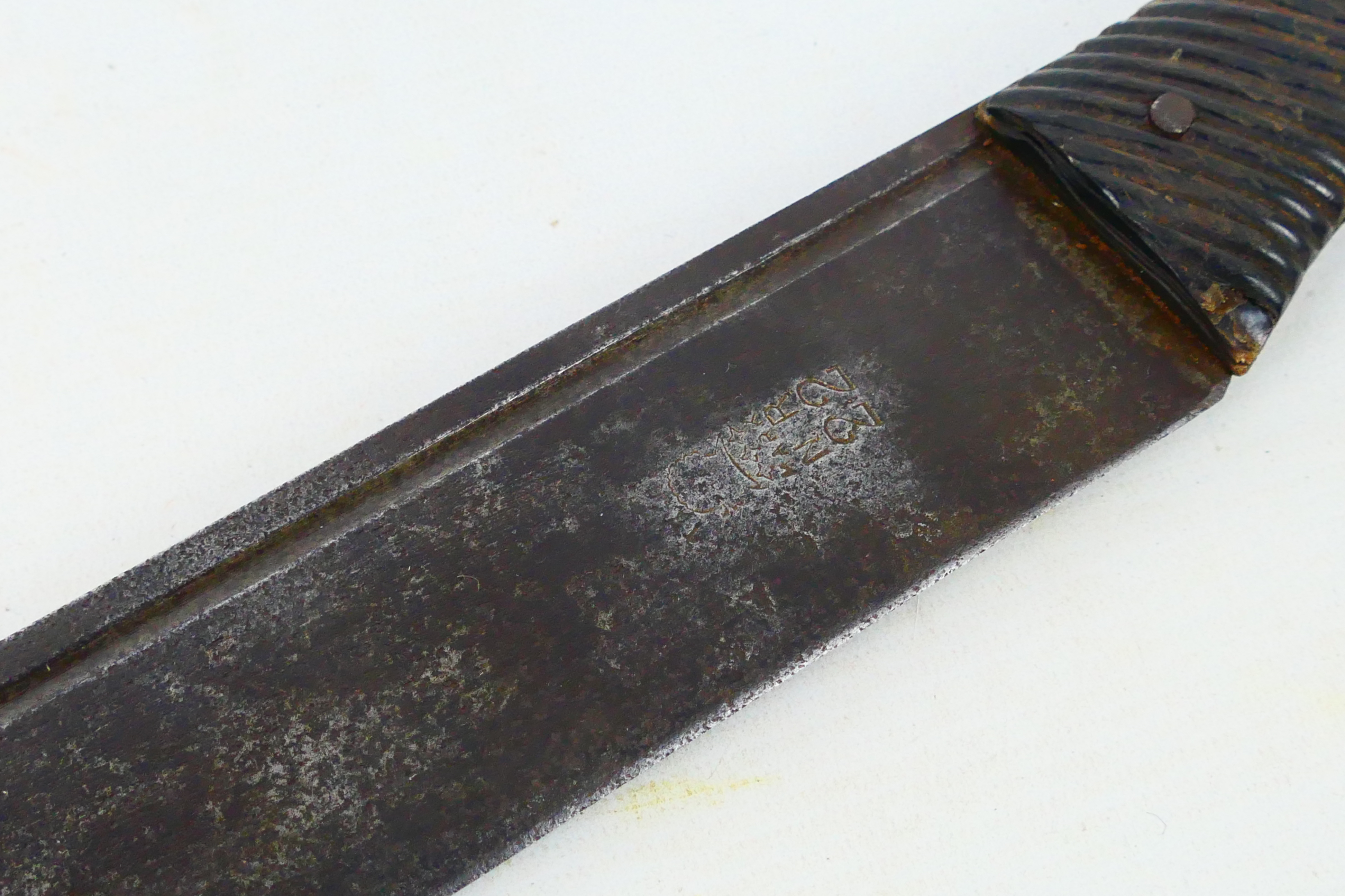 A 19th century machete with 55 cm (l) single fullered blade and ribbed horn grips, - Image 5 of 10