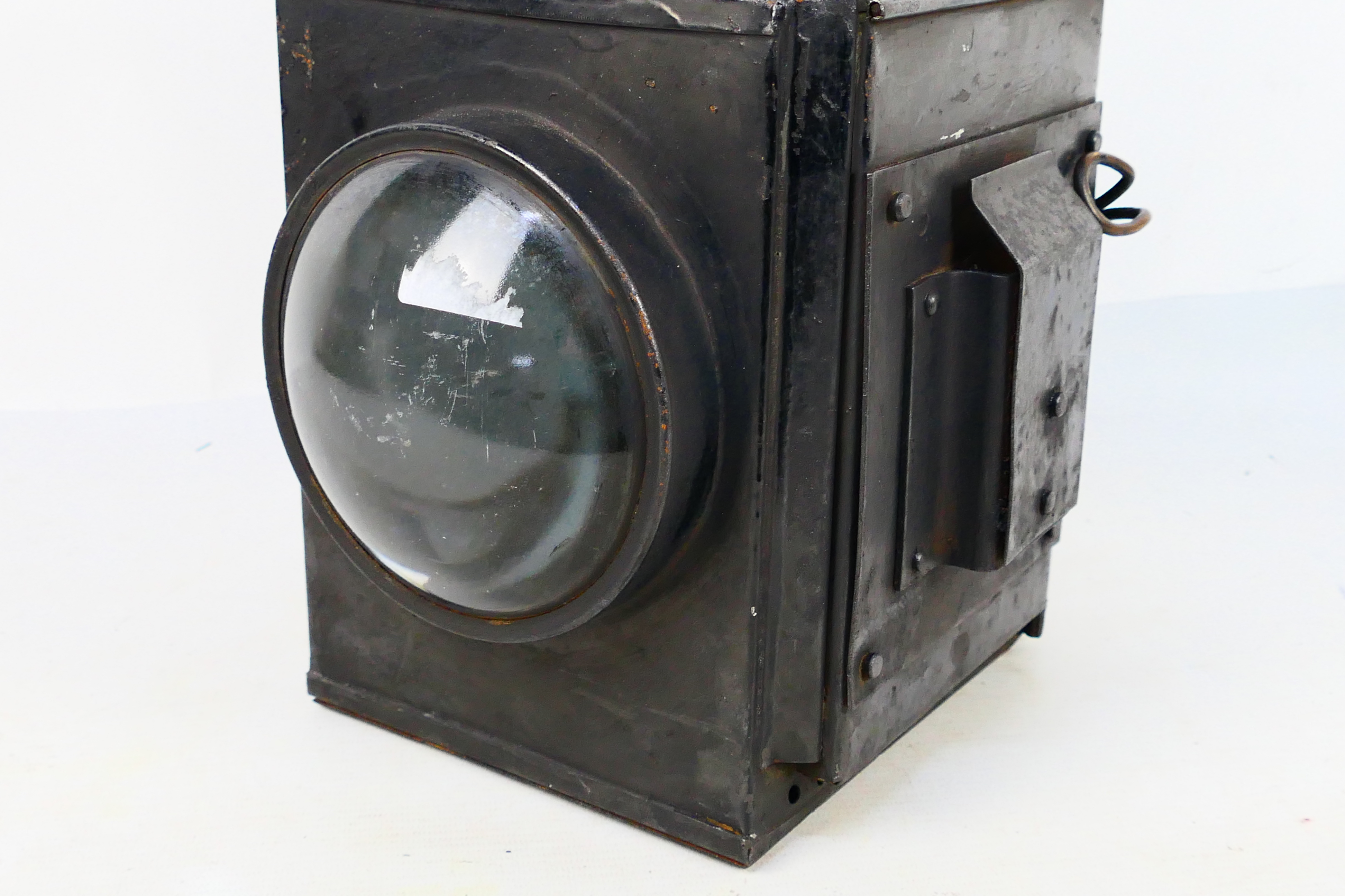 A BR(W) black painted side fitting brake van lamp with twin convex lenses and internal burner, - Image 6 of 8