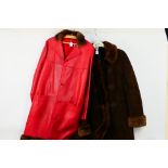 A vintage red leather fur trimmed ¾ length coat,