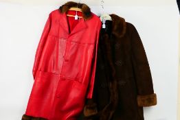 A vintage red leather fur trimmed ¾ length coat,