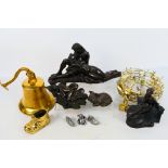 Lot comprising brassware to include a wall mountable bell, four cold cast bronze figures / groups,