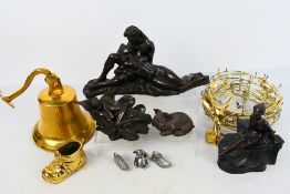 Lot comprising brassware to include a wall mountable bell, four cold cast bronze figures / groups,