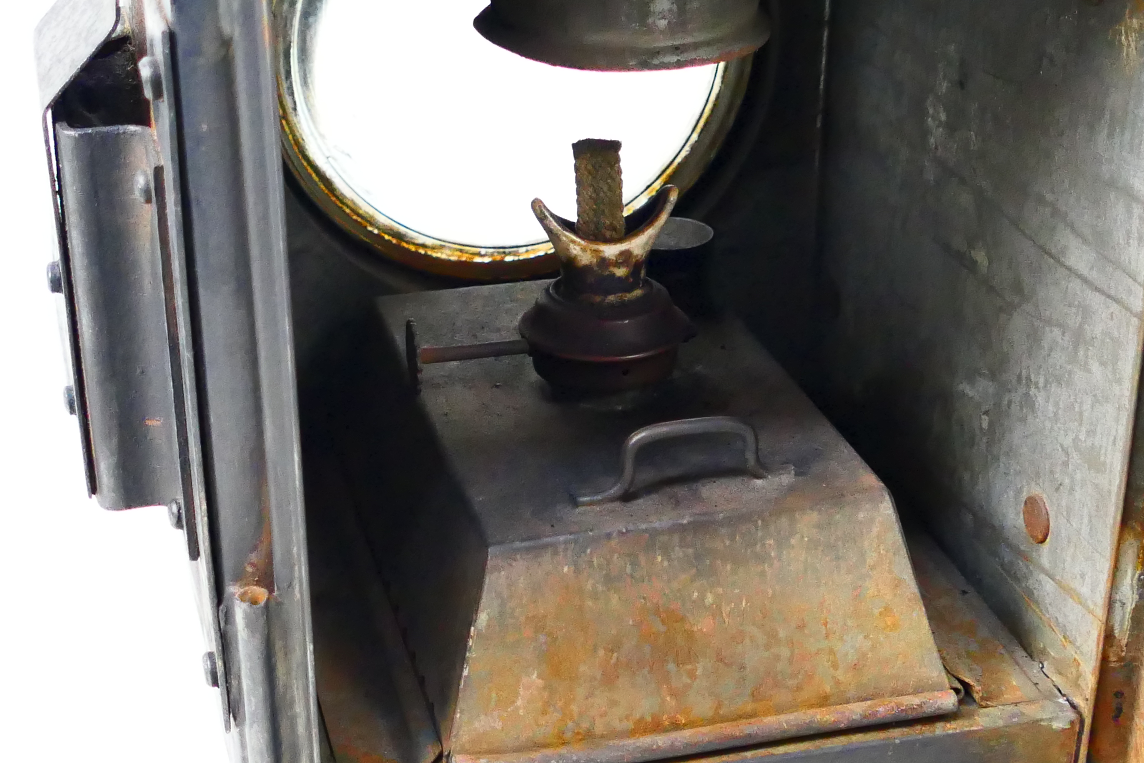 A BR(W) black painted side fitting brake van lamp with twin convex lenses and internal burner, - Image 8 of 8