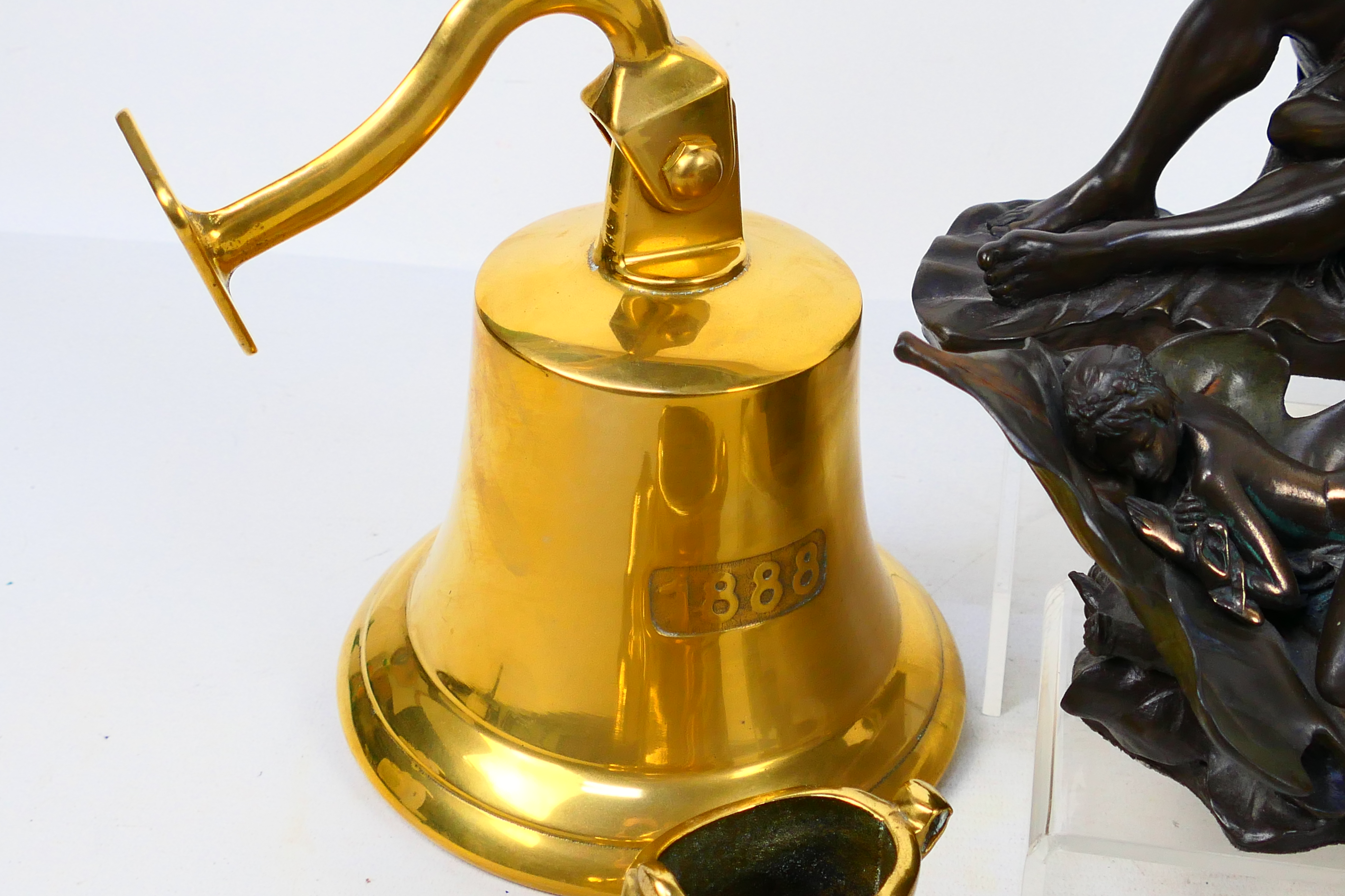 Lot comprising brassware to include a wall mountable bell, four cold cast bronze figures / groups, - Image 4 of 6