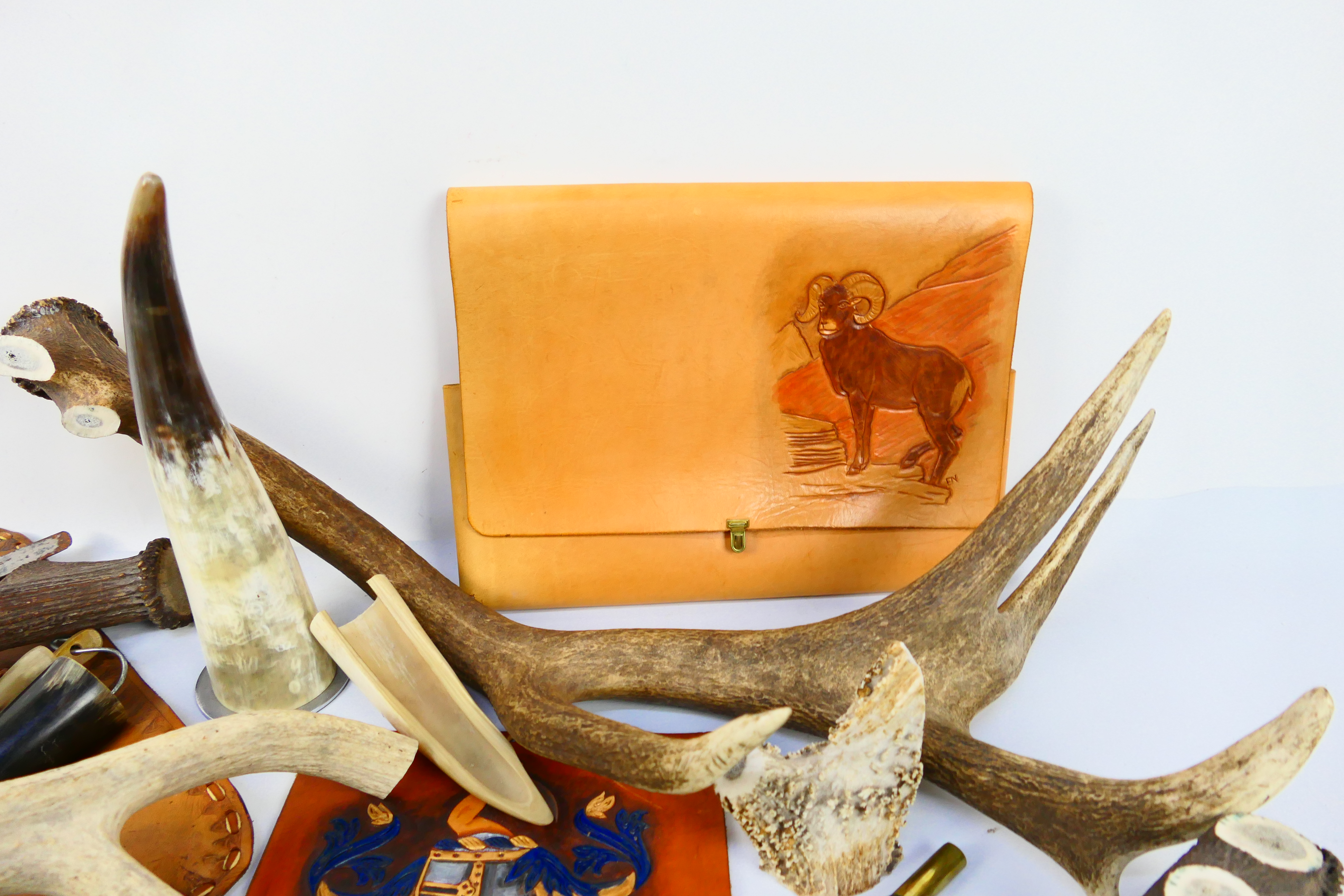Various horn and antler pieces and tooled leather items. - Image 6 of 8