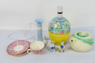 Lot to include a Shelley Melody pattern table lamp, Art Deco T_Flo teapot, Wedgwood and similar.