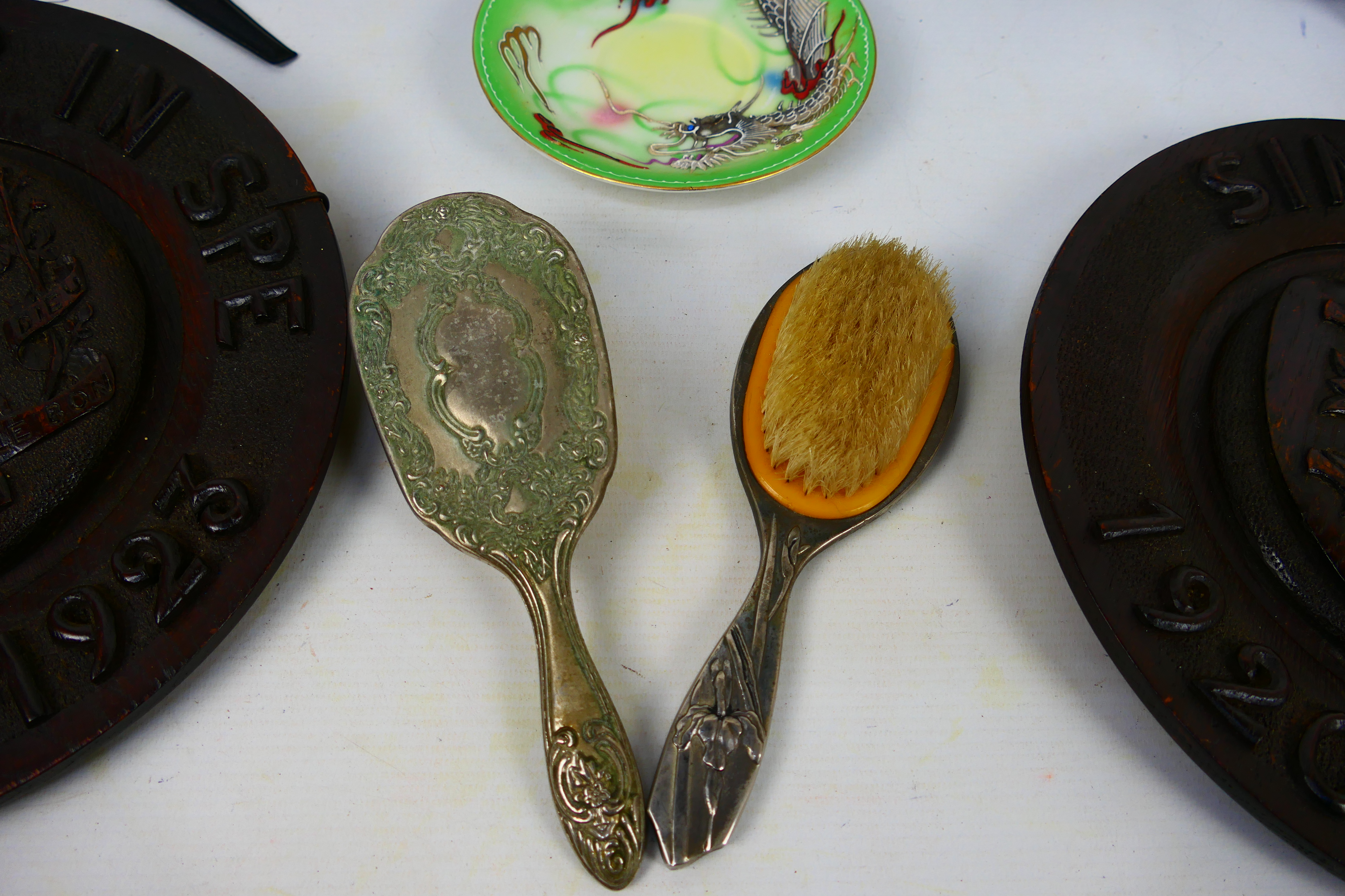 A mixed lot to include Runcorn Millennium Clock, dressing table items, brass horn and other. - Image 2 of 8