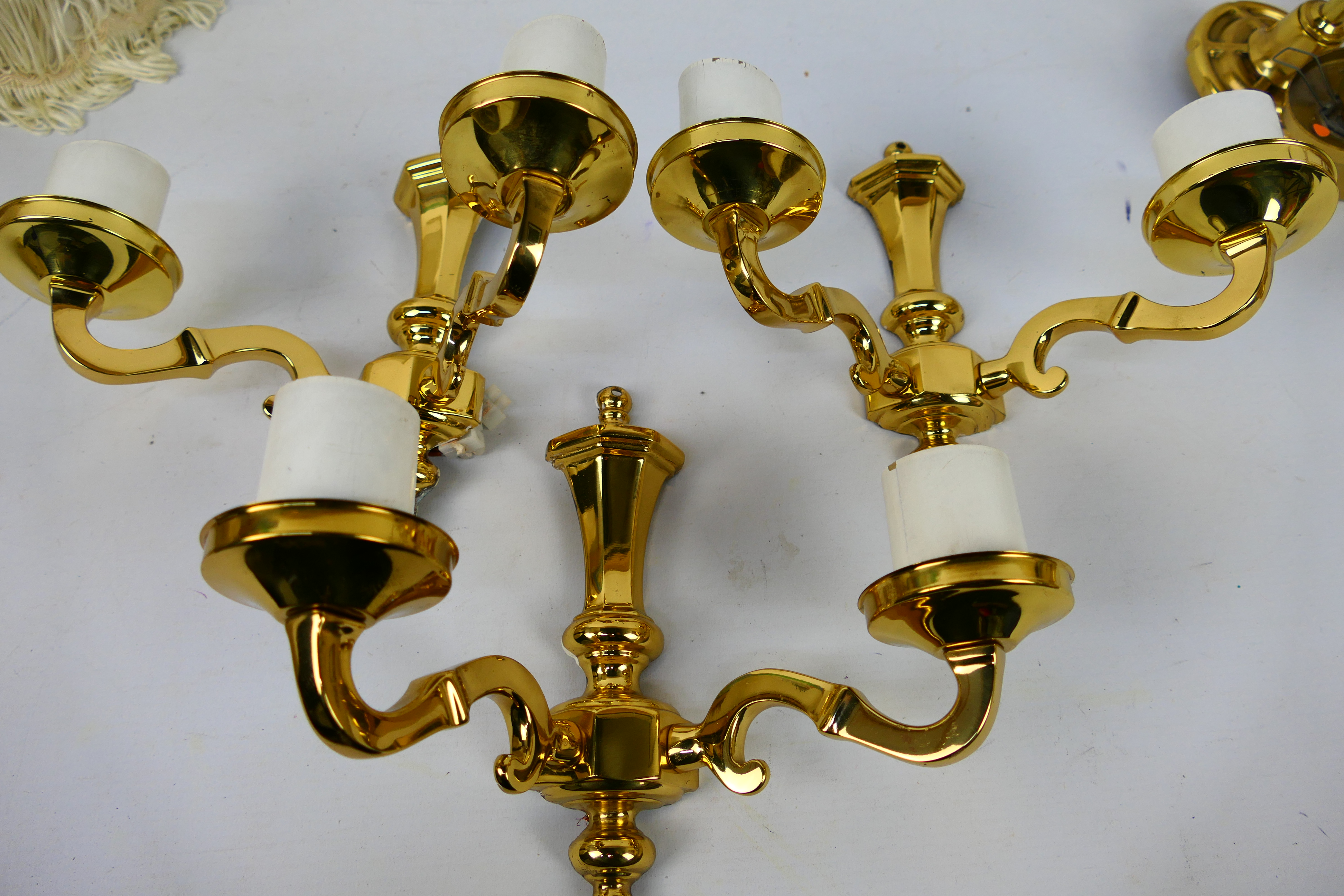 Home lighting to include a five branch brass ceiling light and three boxed wall lights. [4]. - Image 4 of 5