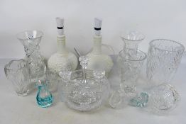 A quantity of glassware and two parian table lamps, 33 cm (h) to top of light fitting.