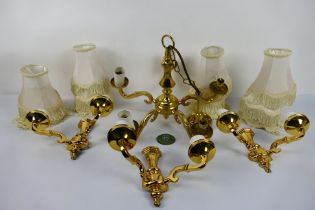 Home lighting to include a five branch brass ceiling light and three boxed wall lights. [4].