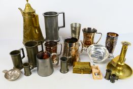 Metal ware to include measuring vessels, tankards, goblet, quaich and similar.