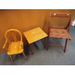 A folding chair, a small Danish side table and a child's arn chair,