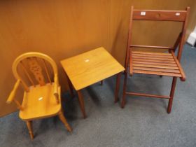A folding chair, a small Danish side table and a child's arn chair,