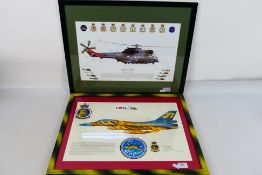 Two framed military aircraft informational sheets including one by Squadron Prints comprising Puma