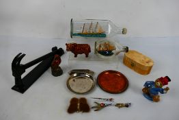 Mixed collectables to include Scottish brooches / pins, hammer form door knocker, ships in bottles,