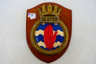 A ships plaque for the U-class destroyer HMS Ulster mounted to wooden shield, 30 cm (l).