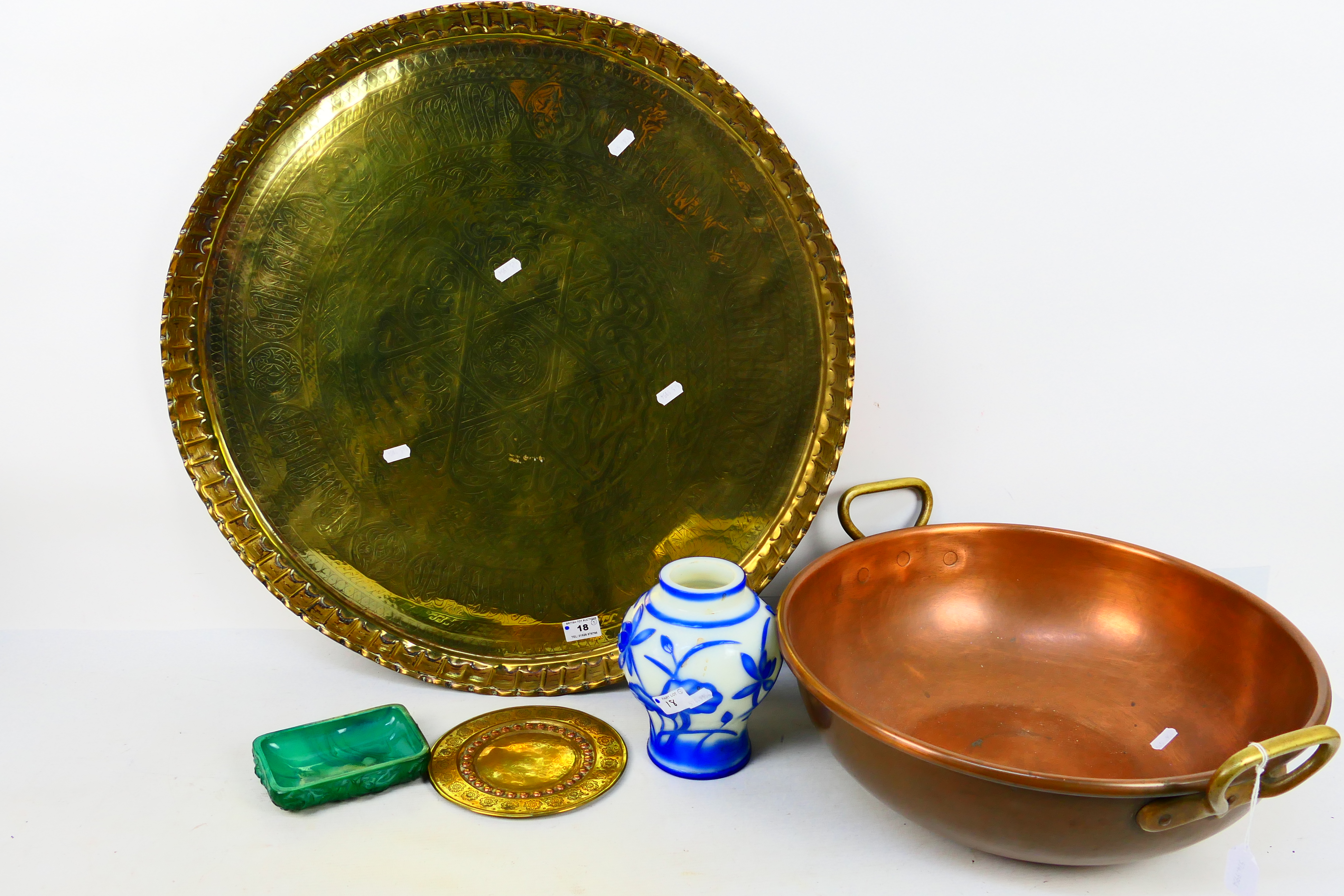 A large Islamic brass tray, 62 cm (d), copper bowl and two pieces of glassware. [5].