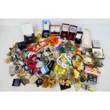 A quantity of costume jewellery to include necklaces, earrings, brooches, rings and other. [W].