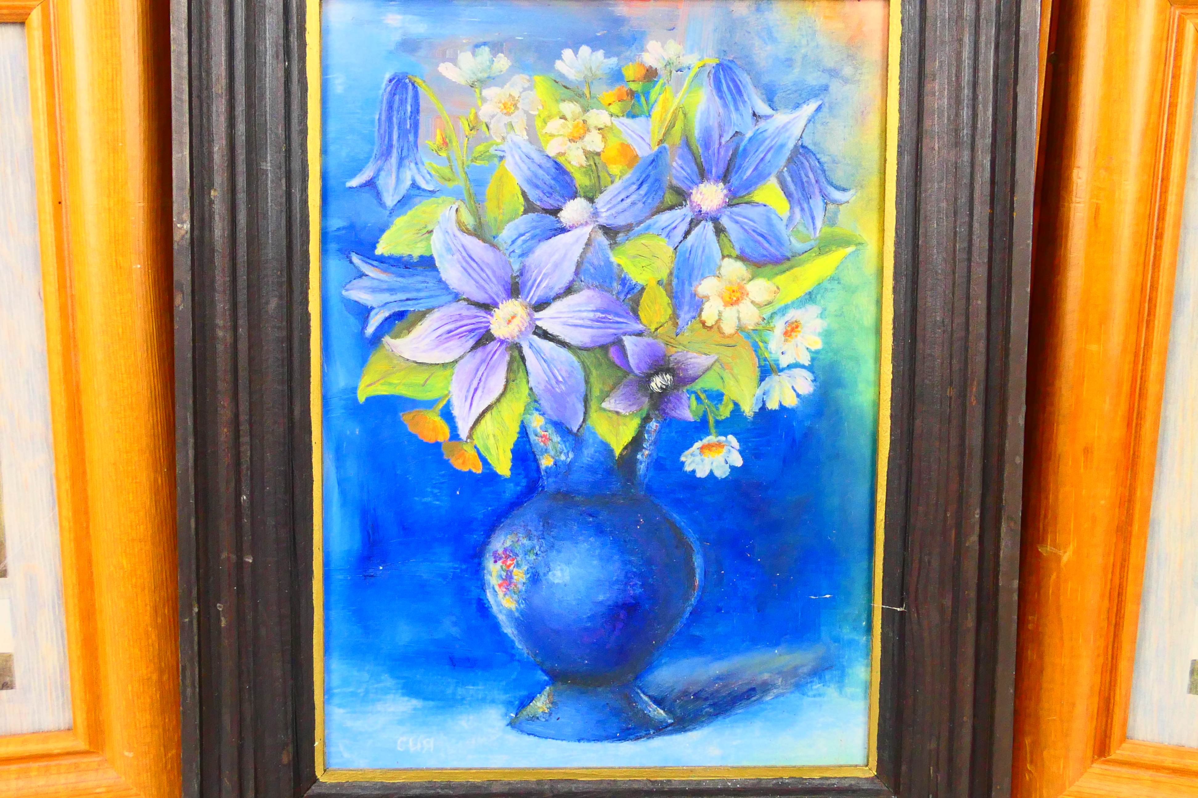 A framed floral still life on board, 26 cm x 19 cm image size and three framed prints. - Image 2 of 6