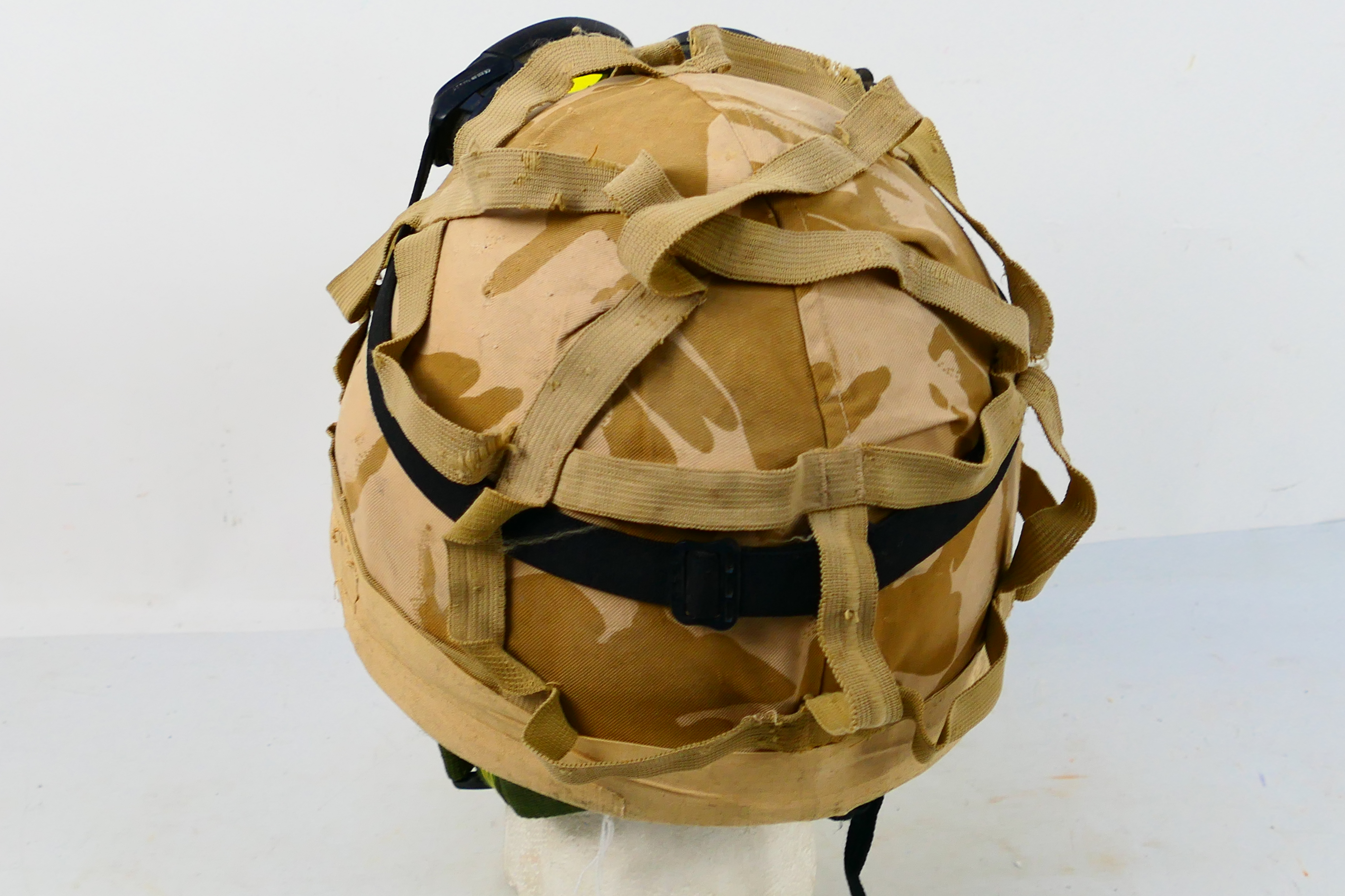 A British military combat helmet, Mk6, with camouflage cover and goggles. - Image 5 of 6