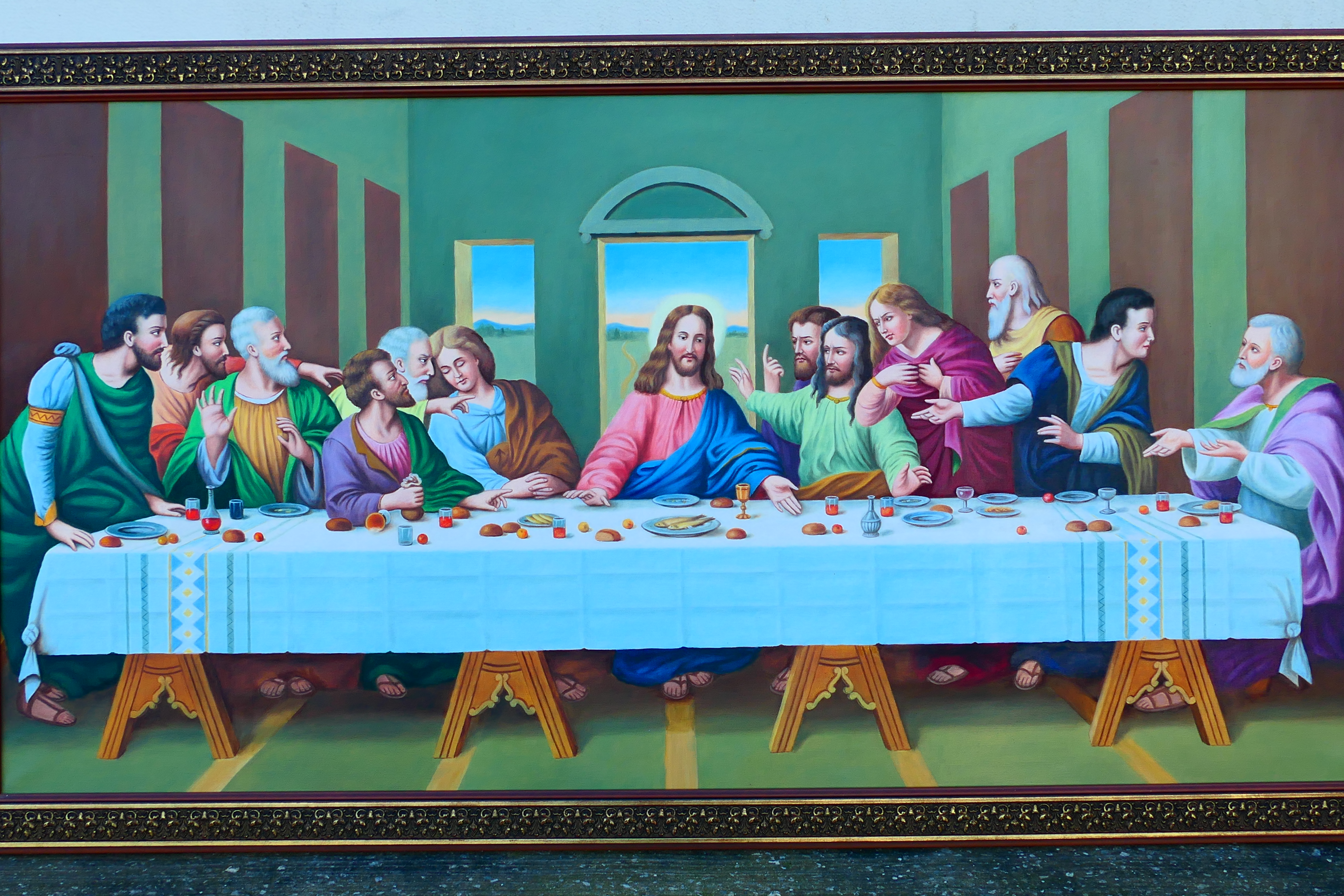 A large oil on canvas depicting The Last Supper, framed, approximately 74 cm x 148 cm image size. - Image 2 of 7