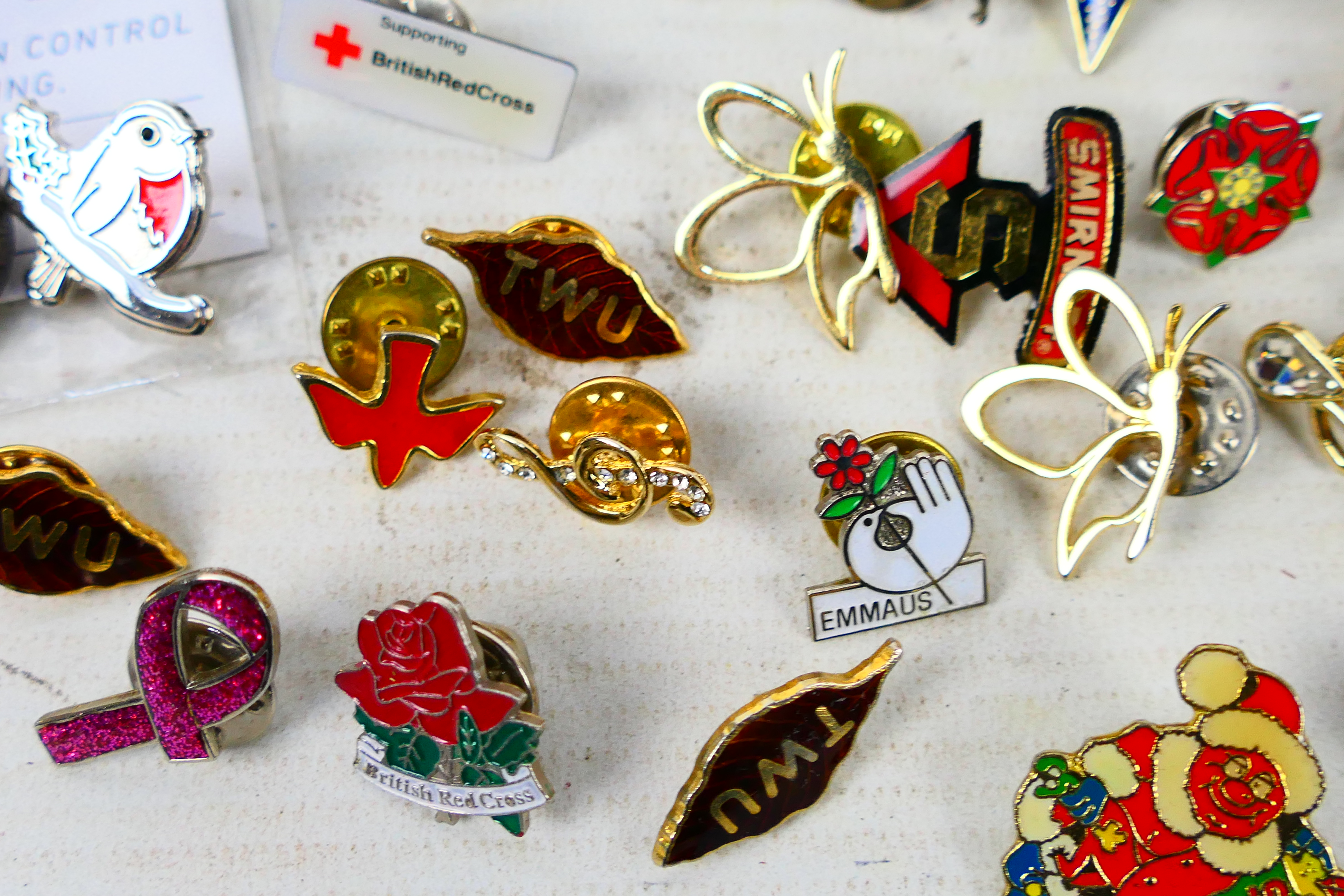 A polished wood box containing a quantity of enamelled pin badges and charms including several with - Image 4 of 7