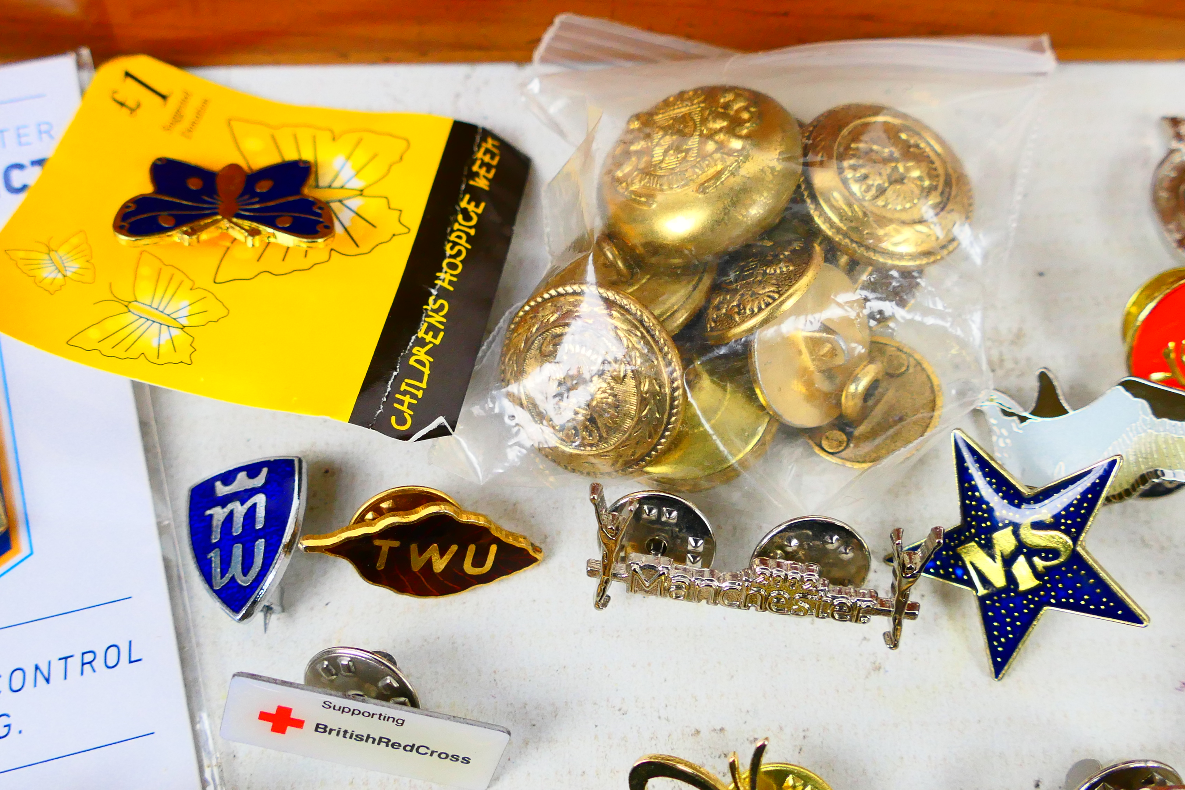 A polished wood box containing a quantity of enamelled pin badges and charms including several with - Image 3 of 7