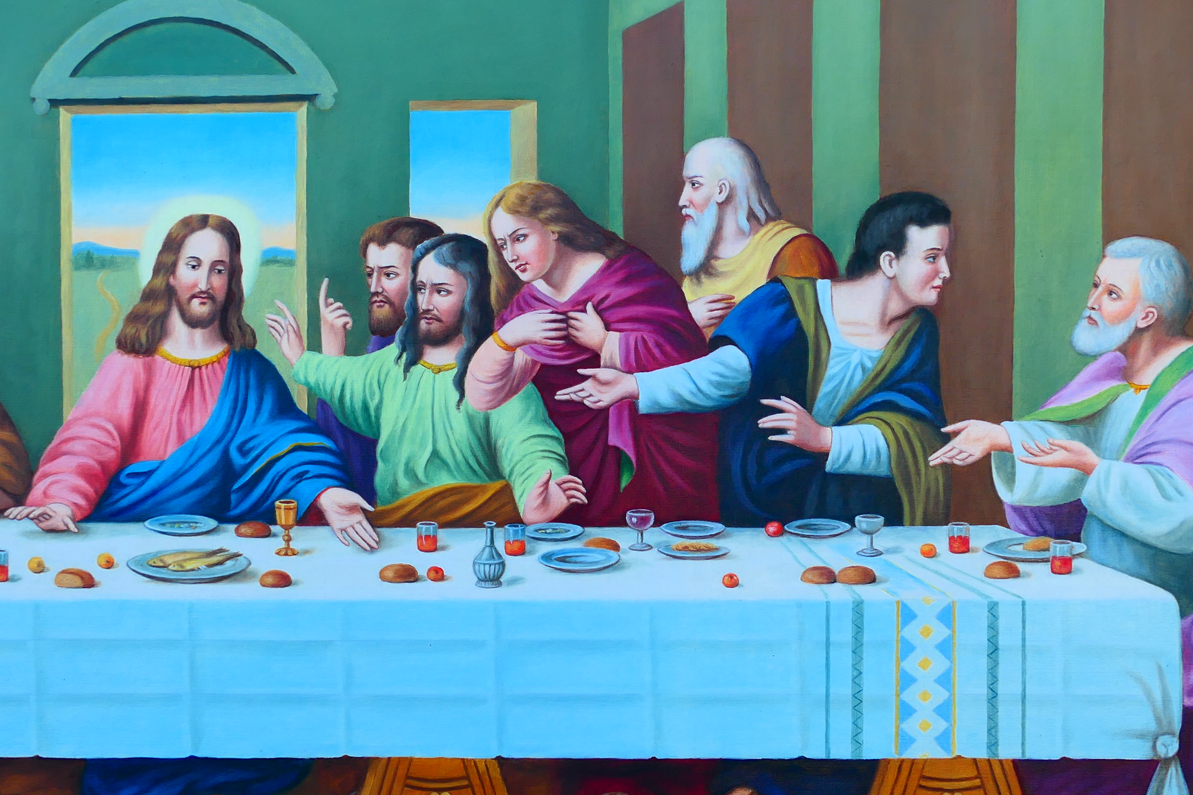 A large oil on canvas depicting The Last Supper, framed, approximately 74 cm x 148 cm image size. - Image 5 of 7