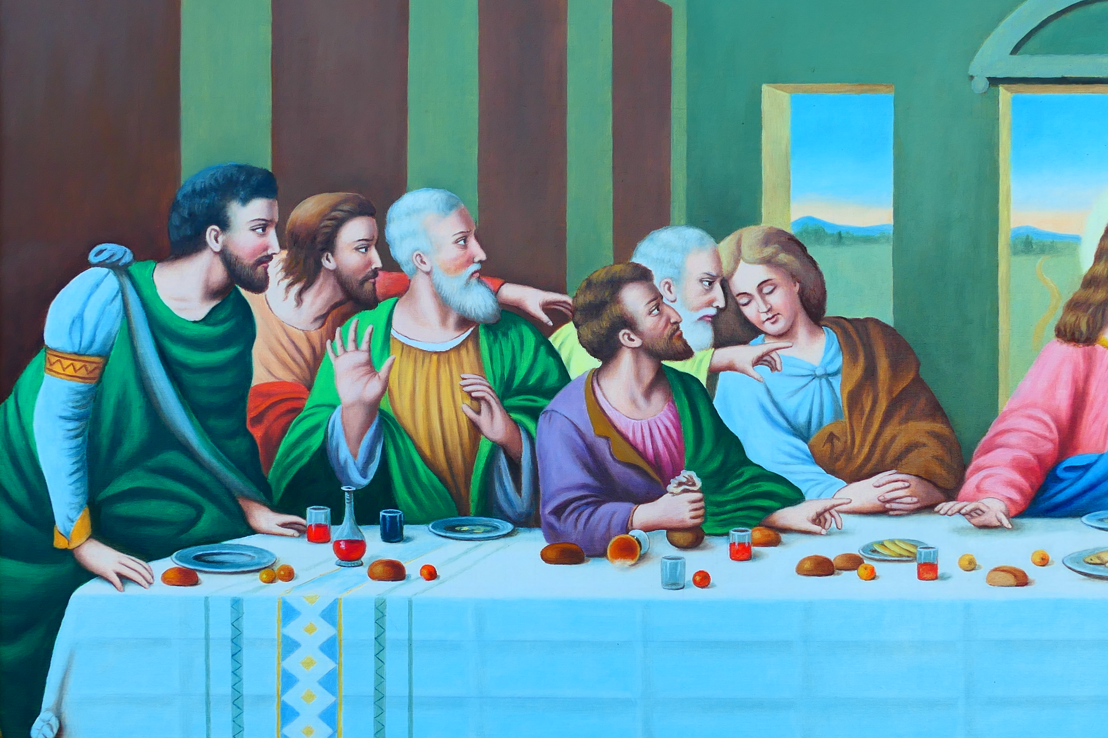 A large oil on canvas depicting The Last Supper, framed, approximately 74 cm x 148 cm image size. - Image 4 of 7