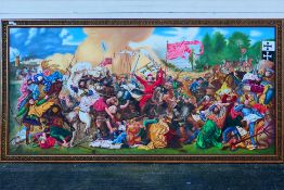 A very large oil on canvas depicting a medieval battle scene with a village in the background and