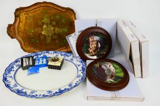 Lot to include a polychrome painted wooden tray, boxed collector plates,