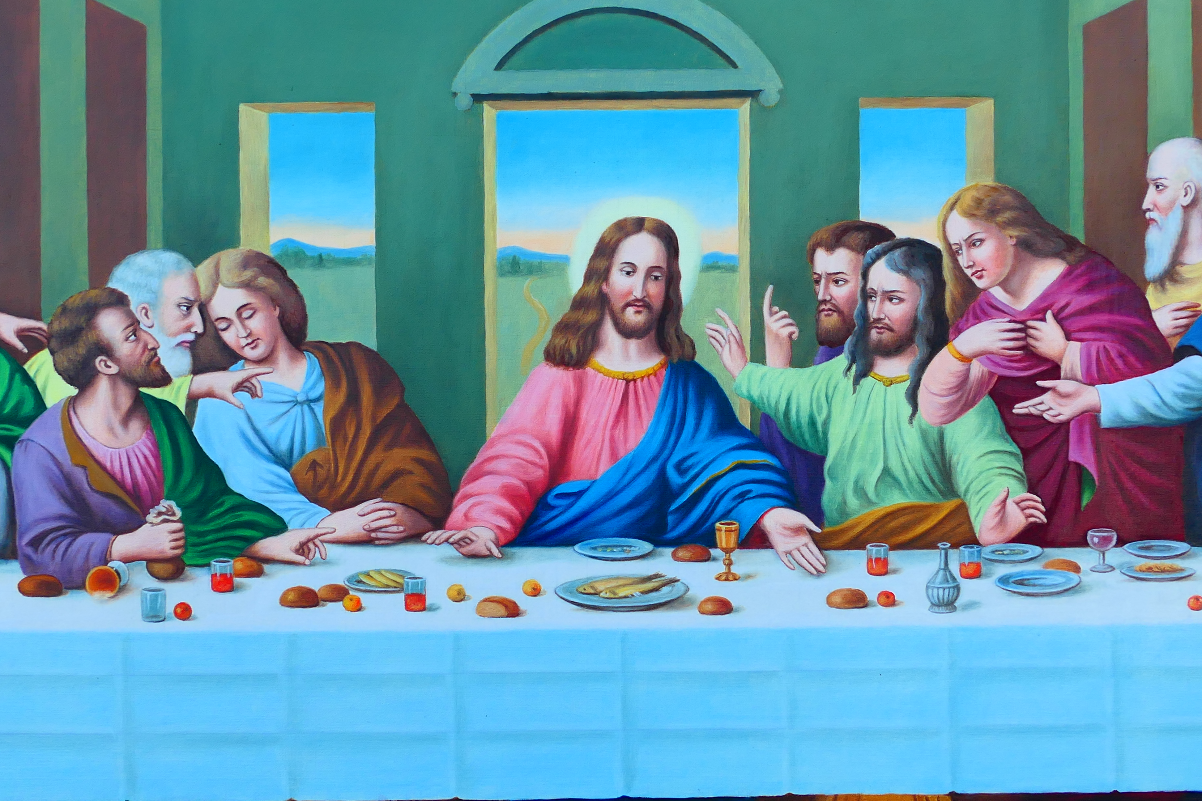 A large oil on canvas depicting The Last Supper, framed, approximately 74 cm x 148 cm image size. - Image 3 of 7
