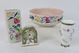 Lot to include a Wedgwood vase and ceramic cased clock in the Humming Birds pattern,