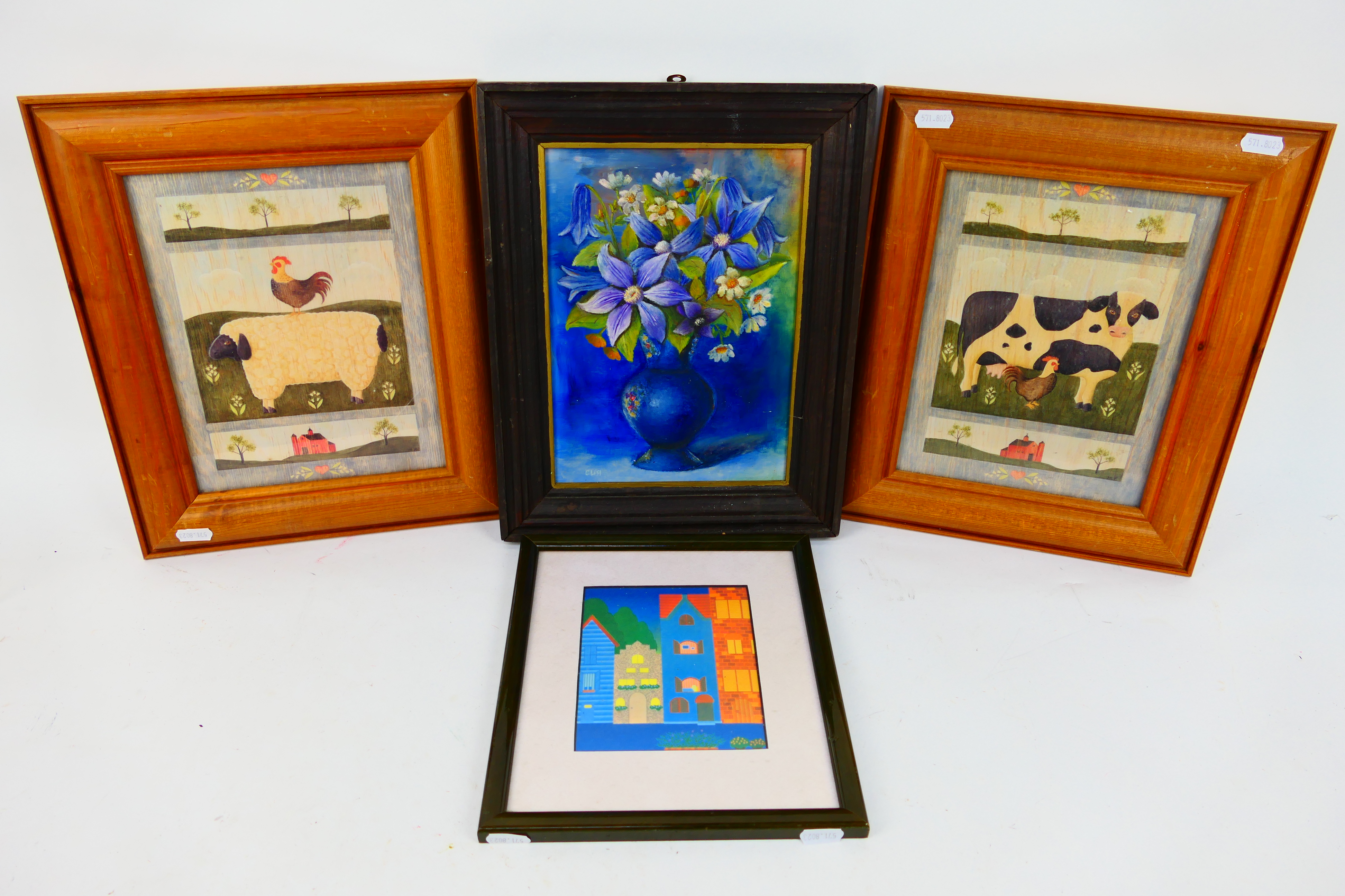 A framed floral still life on board, 26 cm x 19 cm image size and three framed prints.