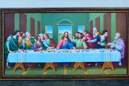 A large oil on canvas depicting The Last Supper, framed, approximately 74 cm x 148 cm image size.