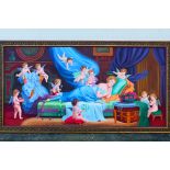 A large oil on canvas depicting a sleeping lady being attended by putti, framed,