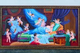 A large oil on canvas depicting a sleeping lady being attended by putti, framed,