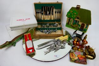 Lot to include flatware, part boxed / cased, metal ware and a wall mirror, 50 cm (d).