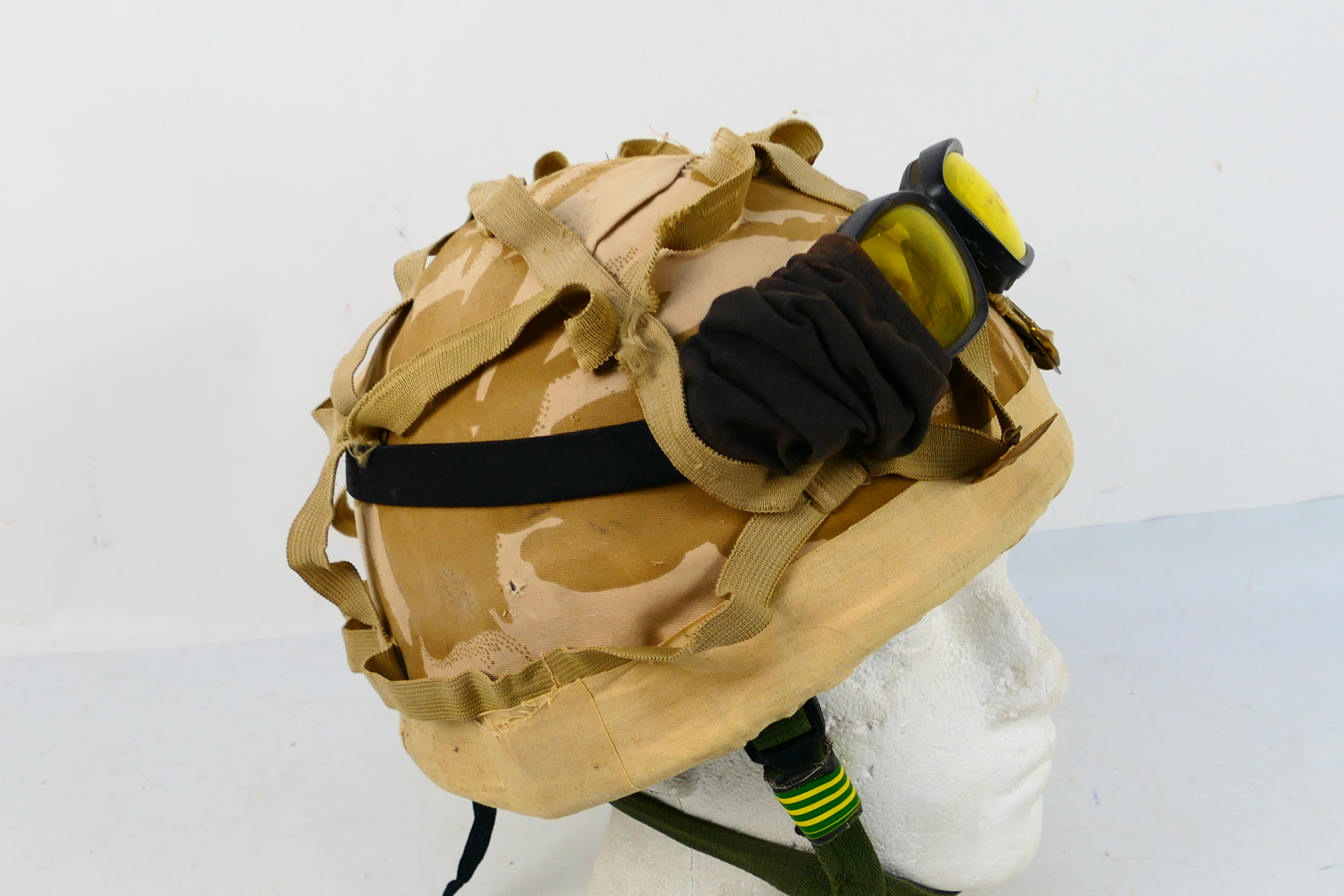 A British military combat helmet, Mk6, with camouflage cover and goggles. - Image 3 of 6