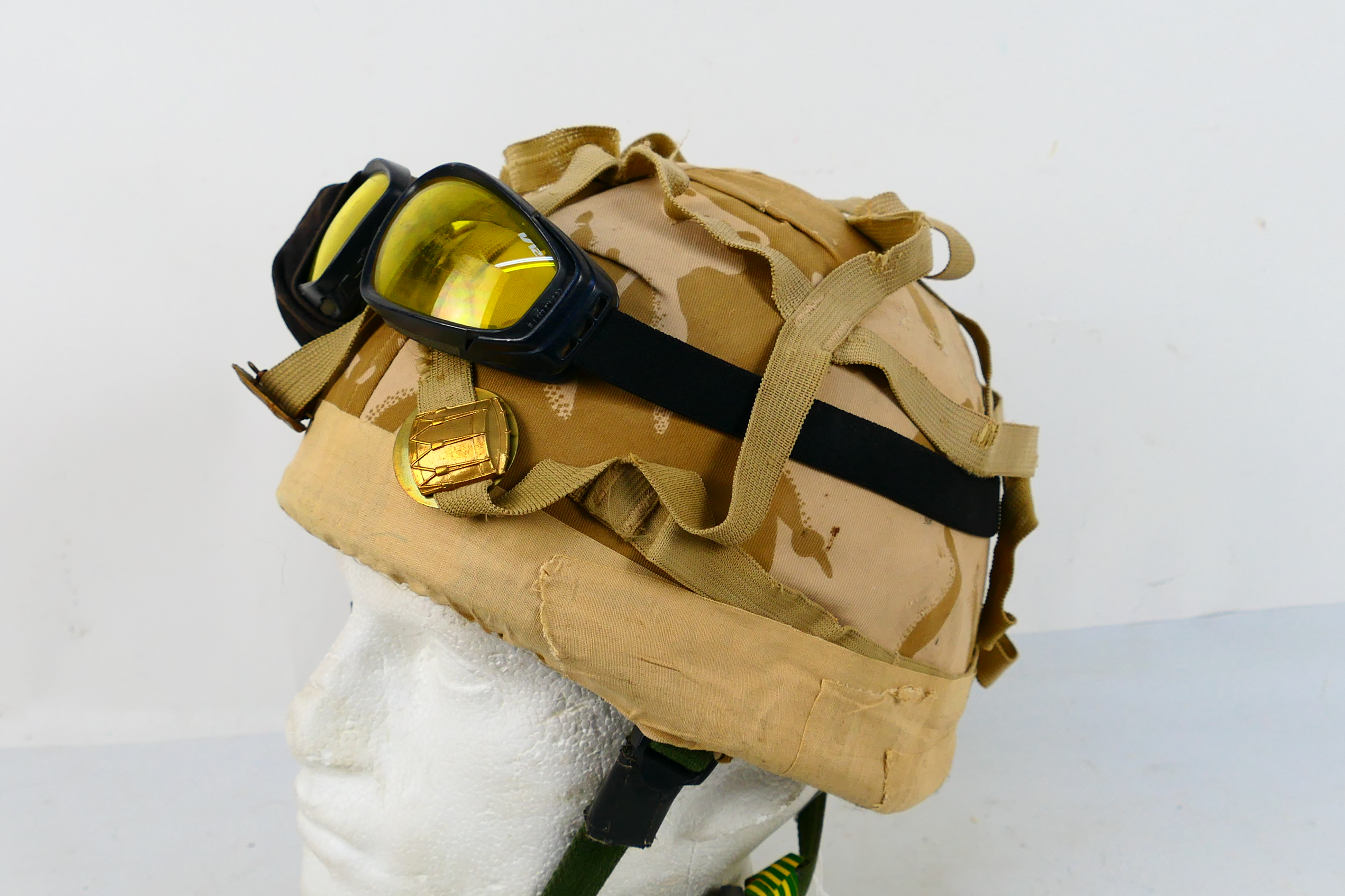 A British military combat helmet, Mk6, with camouflage cover and goggles. - Image 2 of 6