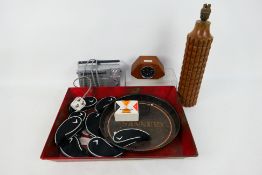 A metal tray marked Coca Cola, Guinness tray, vintage radio, clock and other.