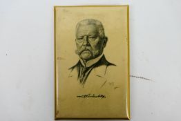 Paul von Hindenburg, a head and shoulder portrait print on tin with easel stand, approximately 13.