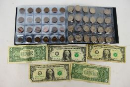 A collection of GB and US coins to include Lincoln Memorial One Cent coins, Farthings,