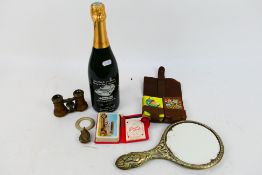 Lot to include a vintage baby's rattle with teething ring, opera glasses, playing cards,