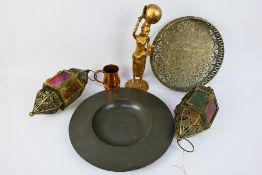 Lot to include a metal tray with pierced decoration, two Moroccan style lanterns, cast metal figure,